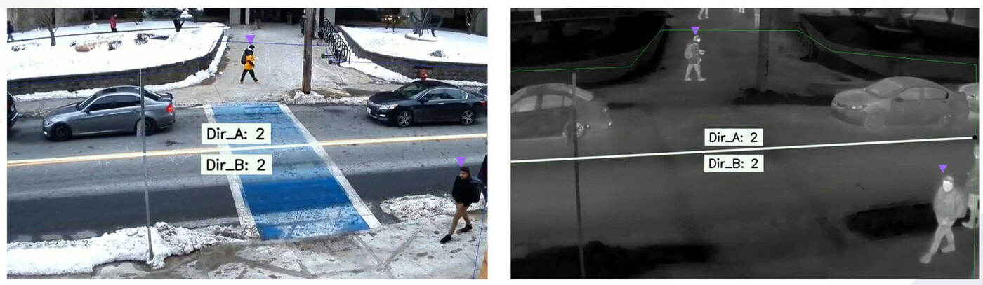 RGB and thermal transportation safety detection showing pedestrians in daytime and nighttime views